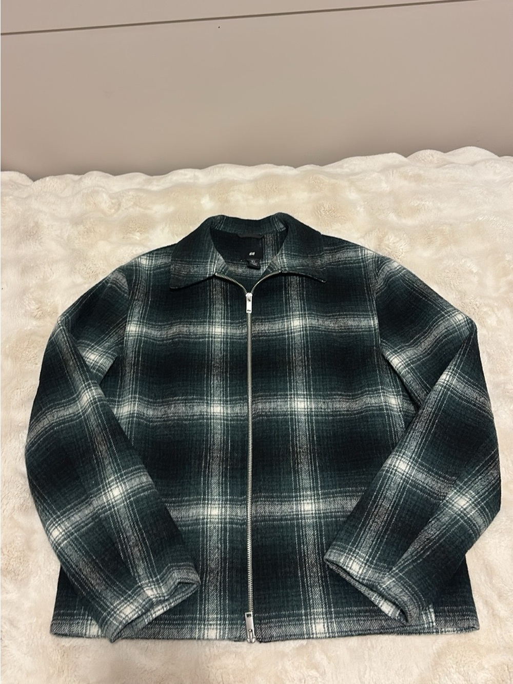 H&M Dark Green & White Plaid Lightweight Zip Jacket